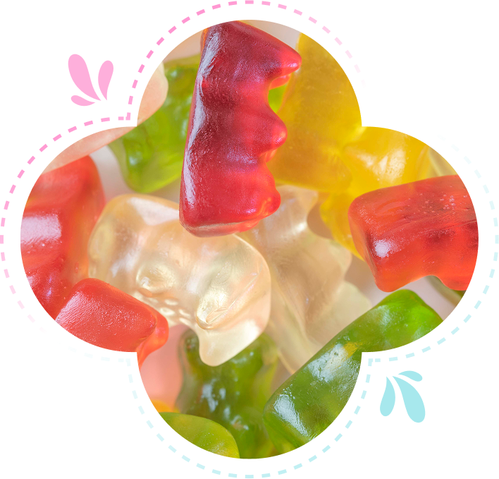 Group 1321317513 (1) A close-up of colorful gummy bears in various colors, including red, green, yellow, and clear, grouped together within a decorative, rounded frame.