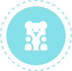 Group 32 Icon of a stylized white bear sitting upright against a light blue circular background, bordered by a dashed circle line.